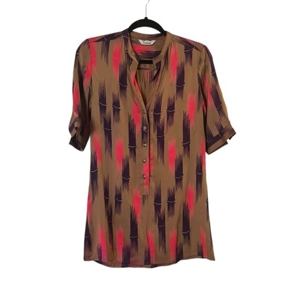 TUCKER 100% silk blouse, popover with mandarin collar & 1/2 sleeves, bright